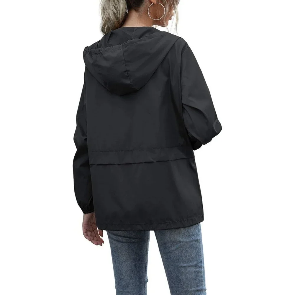Women's Waterproof Raincoat Lightweight Rain Jacket Hooded Windbreaker with Pock